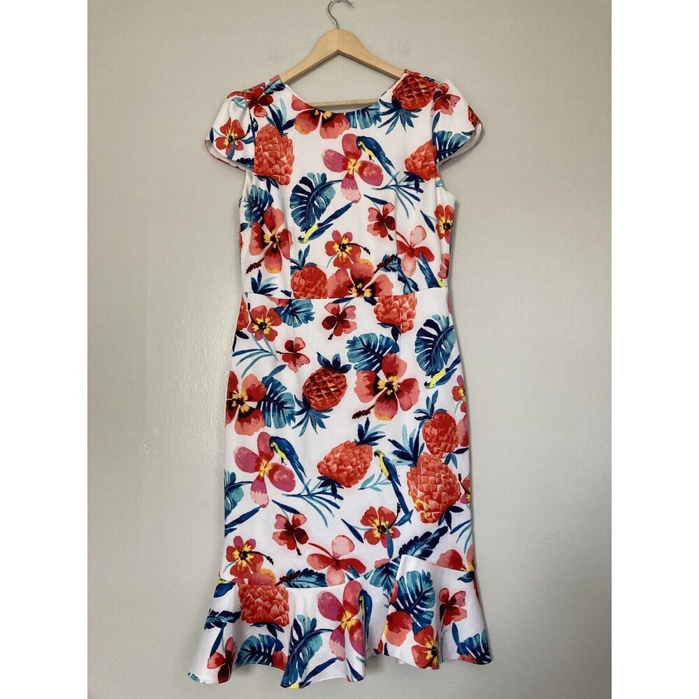 Betsey Johnson Tropical Print Sheath Dress 14 Pineapple Parrot Cocktail Event